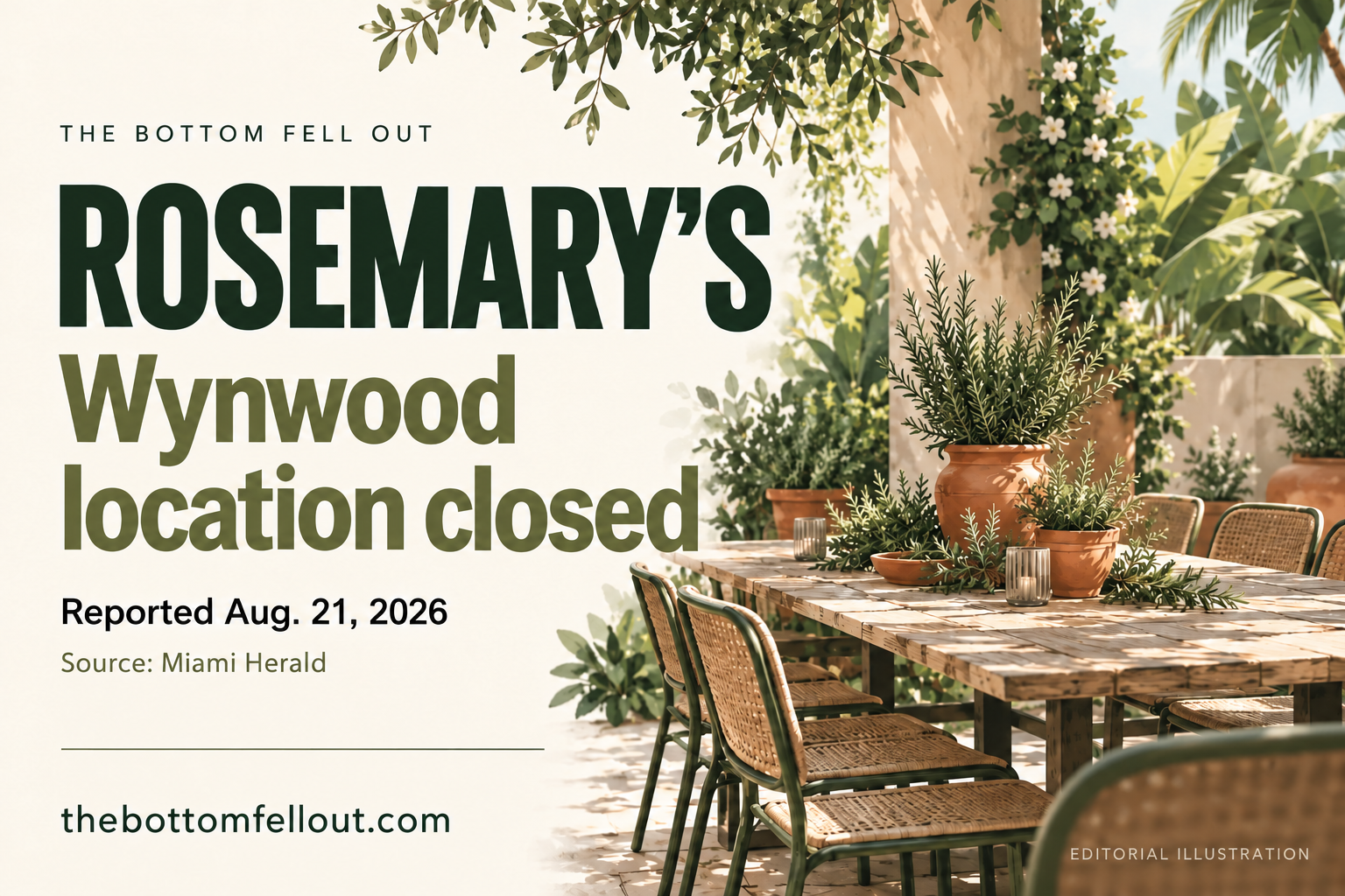 Illustrative graphic for: Rosemary’s closes its Wynwood restaurant