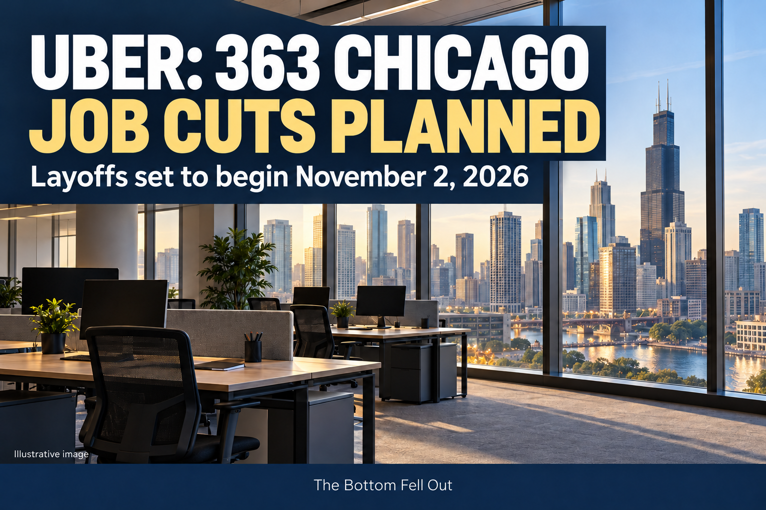 Illustrative graphic reading Uber: 363 Chicago job cuts planned