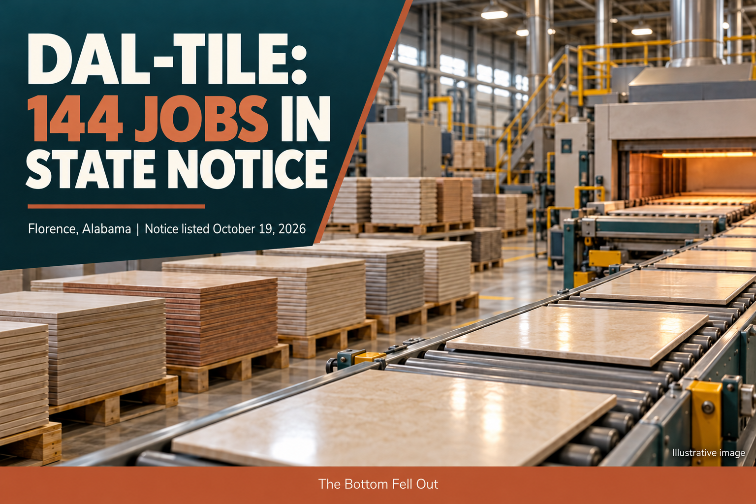Illustrative graphic reading Dal-Tile: 144 jobs in state notice